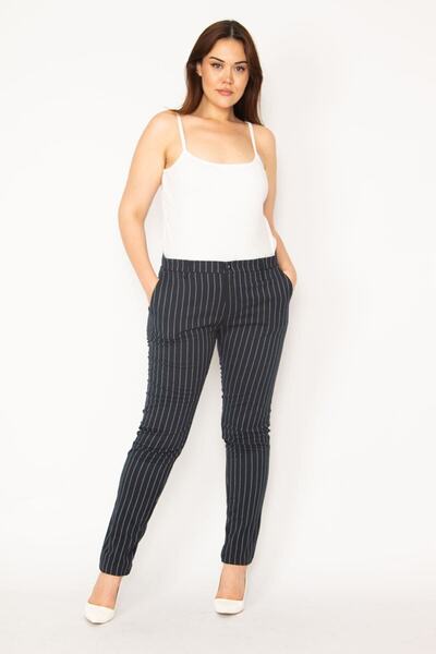 Şans Women's Large Size Navy Blue Striped Side and Back Fleto Pocket Classic Trousers 65n33083