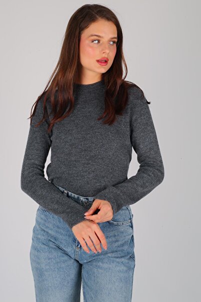 FACETTE Γυναικείο πουλόβερ με ραβδώσεις από ανθρακί με χοντρό μακρυμάνικο