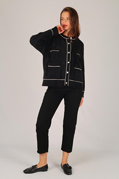 FACETTE Women's Black Button Detail Soft Cardigan