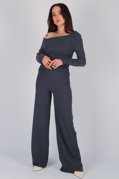 FACETTE Women's Anthracite Asymmetrical Blouse Pants Set