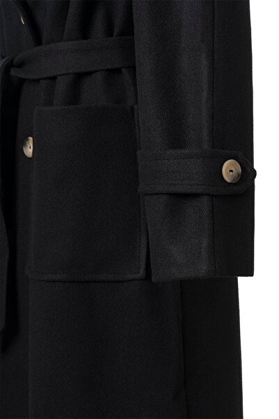 FACETTE Kadın Siyah Kol Apoletli Kuşaklı Kaşe Kaban