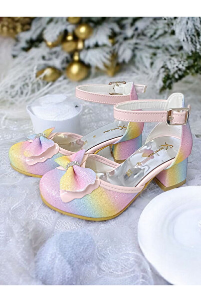 pediashoes KIZ ÇOCUK GÖKKUŞAĞI RENKLİ MİNİK TOPUKLU ABİYE AYAKKABI