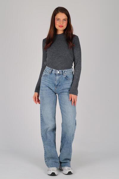 FACETTE Women's Anthracite Thick Ribbed Basic Long Sleeve Sweater