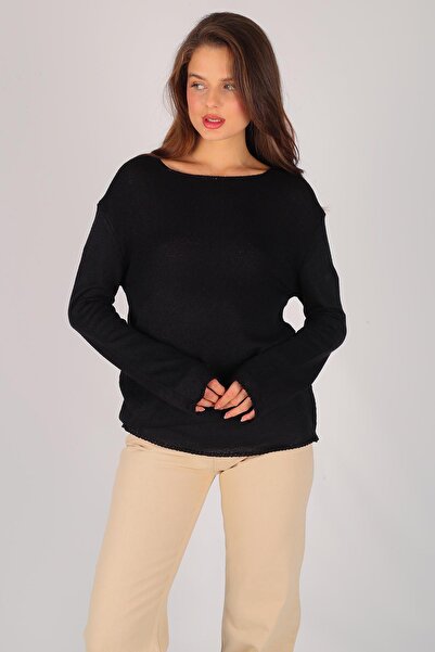 FACETTE Women's Black Crew Neck Long Sleeve Thin Sweater