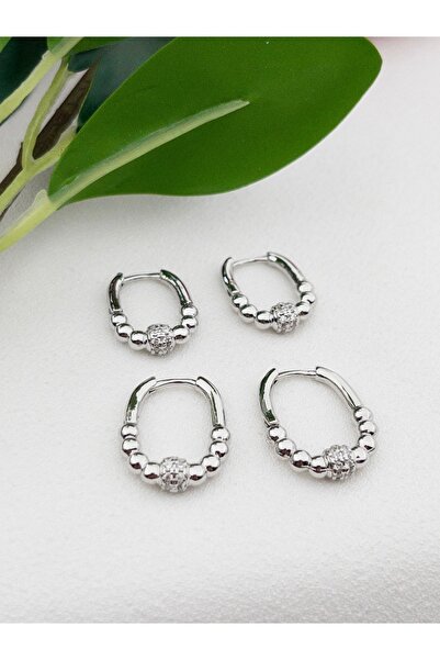 Siya Silver VİP Seri Zirkon Taşlı Dorika Topçuklu Oval Küpe-2 Çift 2 Boy