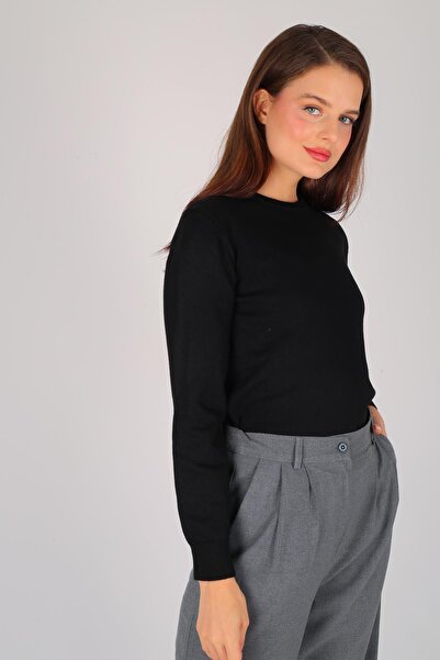 FACETTE Women's Black Thin Ribbed Basic Long Sleeve Sweater