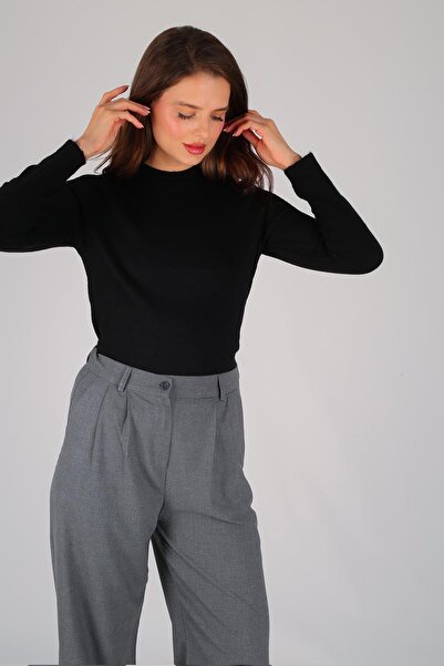 FACETTE Women's Black Thick Ribbed Basic Long Sleeve Sweater