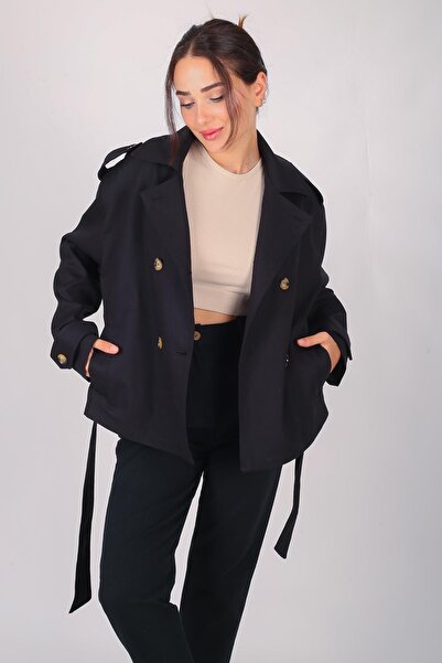 FACETTE Women's Black Belted Short Trench Coat