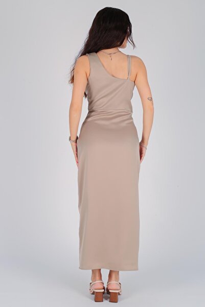 FACETTE One Shoulder Oil Green Satin Women's Dress