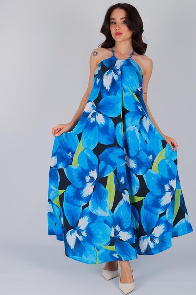 FACETTE فستان نسائي أزرق برقبة رسن - قصة خلفية منخفضة