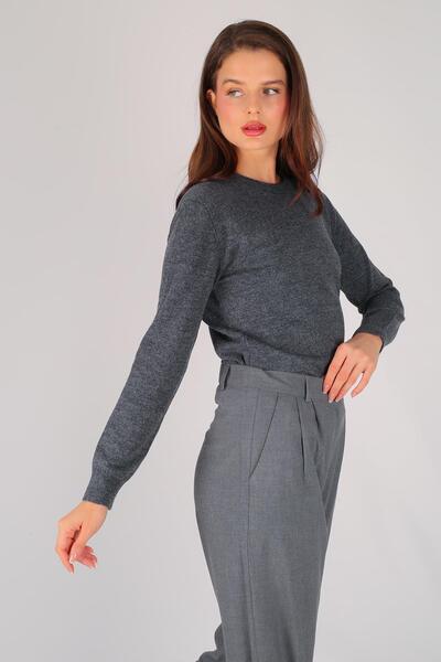 FACETTE Women's Gray Thin Ribbed Basic Long Sleeve Sweater