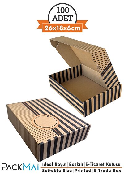 PackMai 26x18x6cm Karton Kutu 100ADET Desenli-Kilitli | E-Ticaret-Kargo-Hediye Kutusu Kraft Çizgi Desenli