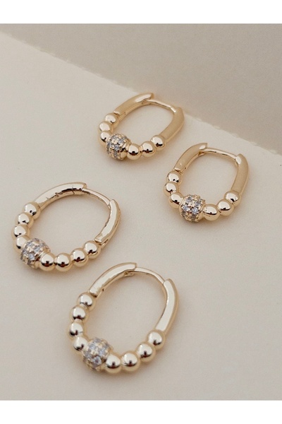 Siya Silver Vi̇p Seri Zirkon Taşlı Dorika Topçuklu Oval Çelik Küpe - 2 Çift 2 Boy