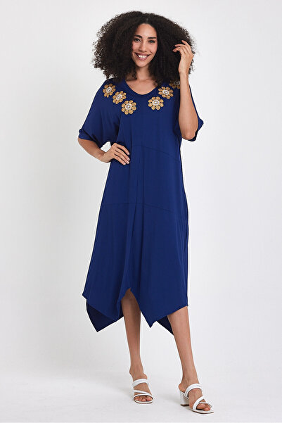 bacc Γυναικείο φόρεμα μάξι με κέντημα με πλεκτό βισκόζη σε μπλε ναυτικό χρώμα Bcvl-251064