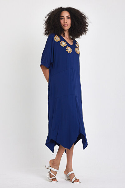 bacc Γυναικείο φόρεμα μάξι με κέντημα με πλεκτό βισκόζη σε μπλε ναυτικό χρώμα Bcvl-251064
