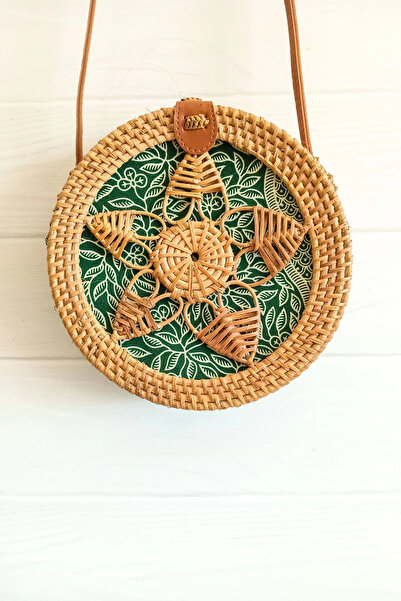 AVANTAGE HOME Melina - Rattan El Yapımı Deri Askı Detaylı Hasır Yuvarlak Omuz Çantası