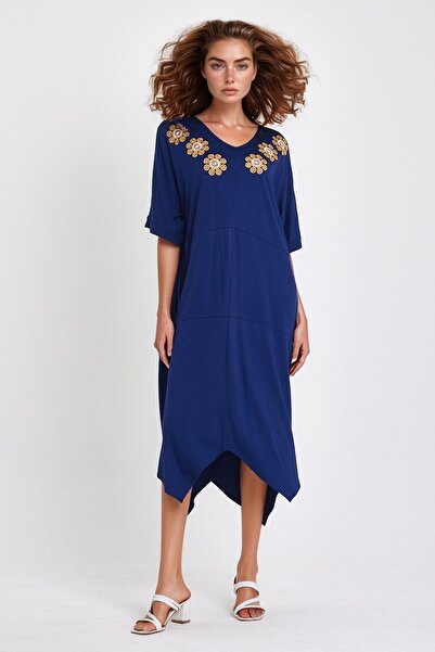 bacc Γυναικείο φόρεμα μάξι με κέντημα με πλεκτό βισκόζη σε μπλε ναυτικό χρώμα Bcvl-251064