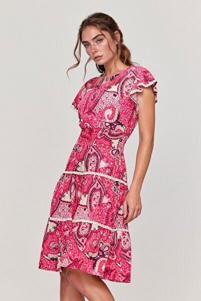 bacc Pink V-Neck Ribbed Flower Pattern Summer Viscon Women Dress Bcvl-25V054