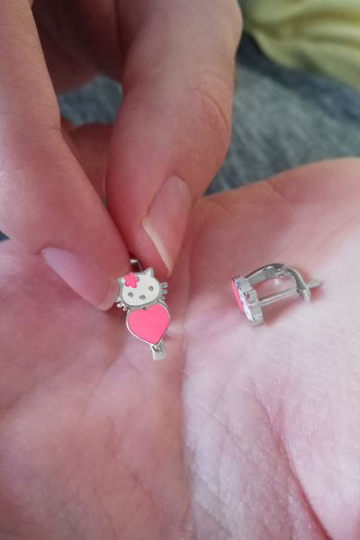 TEK TARZIM TAKI Pembe Kalpli Kedi Rodyum Renk Klipsli Gümüş Çocuk J Küpe (2 - 10 YAŞ)