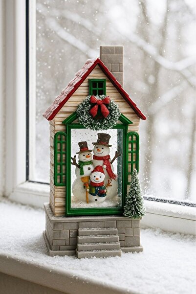 BeySüS Yılbaşı Çam Ağacı Süsü Masa Dekoru Işıklı Müzikli Kardan Adam Ailesi Müzik Kutusu Yeşil