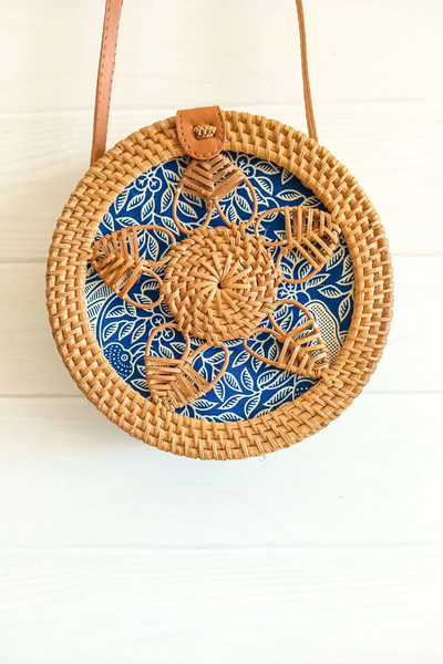 AVANTAGE HOME Melina - Geantă rotundă de umăr din răchită, realizată manual din piele, cu detaliu de curea din ratan