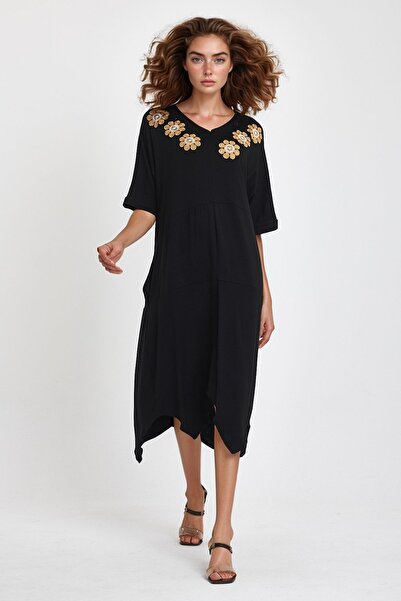 bacc Rochie de damă maxi lungime, neagră, brodata, tricotată din viscoză Bcvl...
