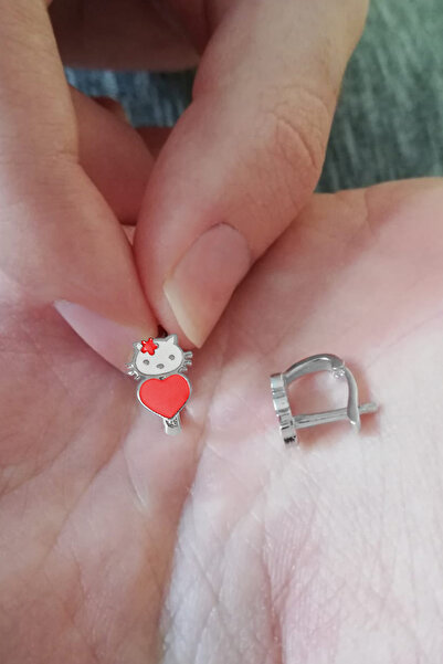 TEK TARZIM TAKI Kırmızı Kalpli Kedi Rodyum Renk Klipsli Gümüş Çocuk J Küpe (2...