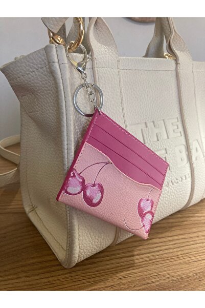 Omarder Deri Kirazlı Anahtarlıklı Kadın Kartlık (Örgü Anahtarlık Hediyeli)