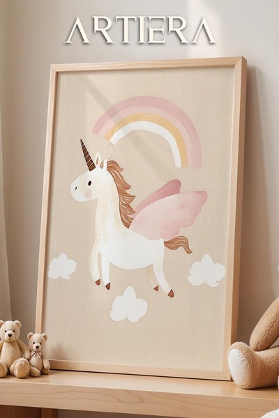 HİGUERA Bohem Uçan Unicorn Kız Bebek Çocuk Odası Dekorasyonu Ahşap Çerçeveli ...