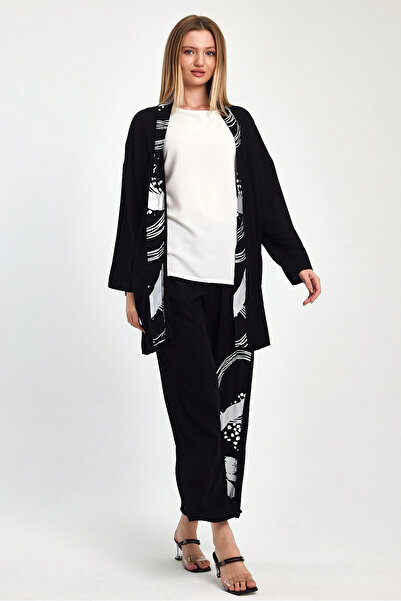 bacc Women's Maxi Length Black and White Printed Kimono and Pants Woven Viscon Top and Bottom Set Bcvl-251084