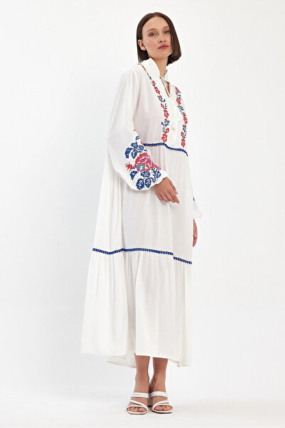 bacc Γυναικείο φόρεμα μάξι μεγέθους λευκό κεντημένο υφαντό βισκόζη Bcvl-25967
