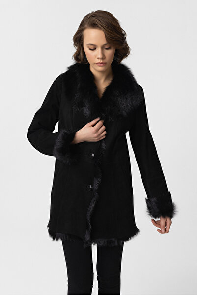 Deriderim Siyah Düğmeli Salaş Kesim Hafif Kadın Hakiki Kürk Kaban