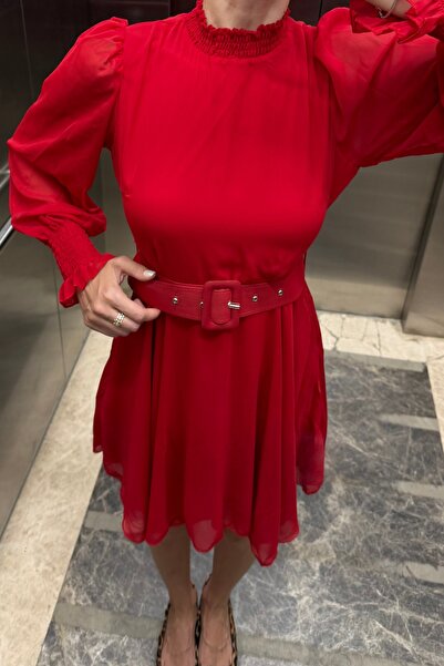 Noi Belis Red Belt Detailed Lined Mini Size Woven Dress Ss25El0053