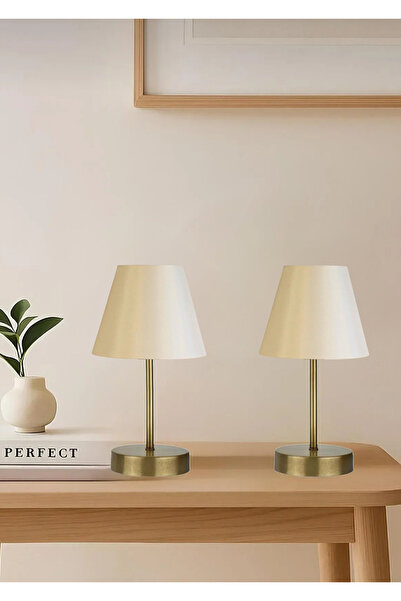 burenze Modern Abajur 2 Adet Eskitme Gold Sarı Gövde Krem Şapka Şık Modern Ab...