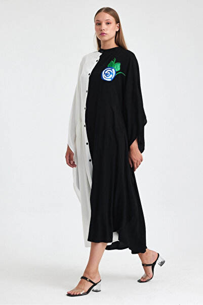 bacc Rochie de damă, lungime maxi, negru, alb, broderie, țesută, din viscoză, Bcvl-25993-1