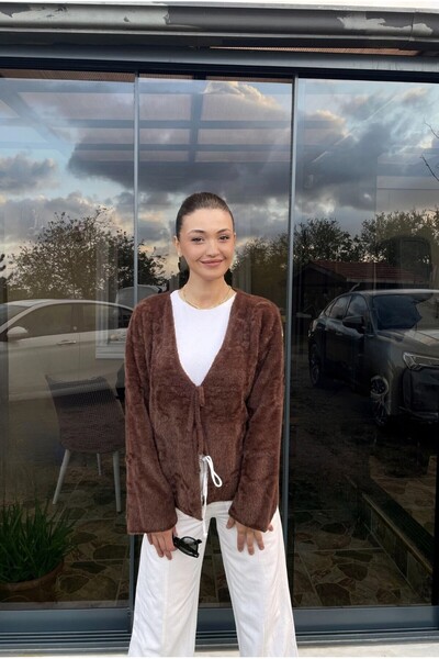 Le Savu Shilsee Women's Tie-Up Soft Brown Knitwear Cardigan