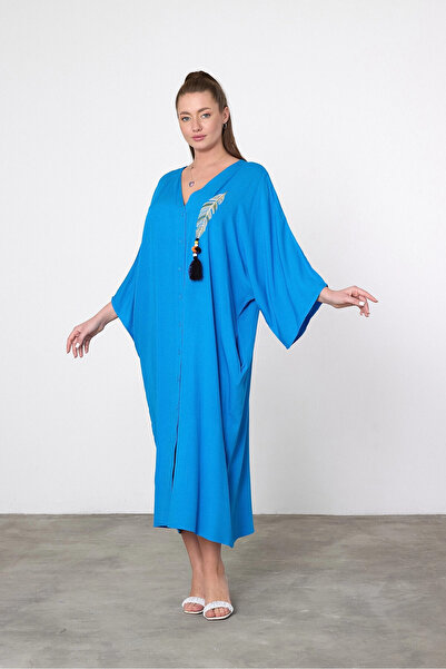 bacc Γυναικείο φόρεμα μάξι με μπλε κέντημα υφαντό βισκόζη Bcvl-25v039