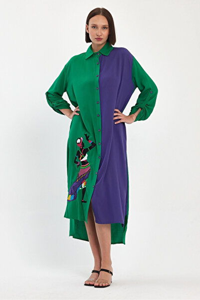 bacc Γυναικείο φόρεμα μάξι με πράσινο κέντημα υφαντό βισκόζη Bcvl-25991