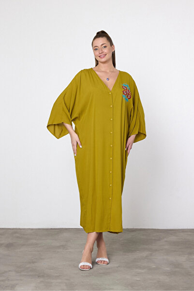 bacc Women's Maxi Length Oil Green Embroidered Woven Viscon Dress Bcvl-25V038