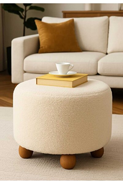 PUFMANYA POLO PELUŞ KREM 45 X 45 CM DOĞAL GÜRGEN TOPUZ AYAKLI ÇOK AMAÇLI PUF KOLTUK