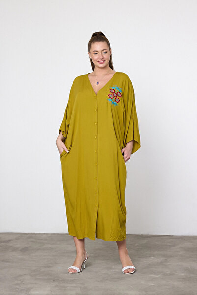 bacc Women's Maxi Length Oil Green Embroidered Woven Viscon Dress Bcvl-25V038