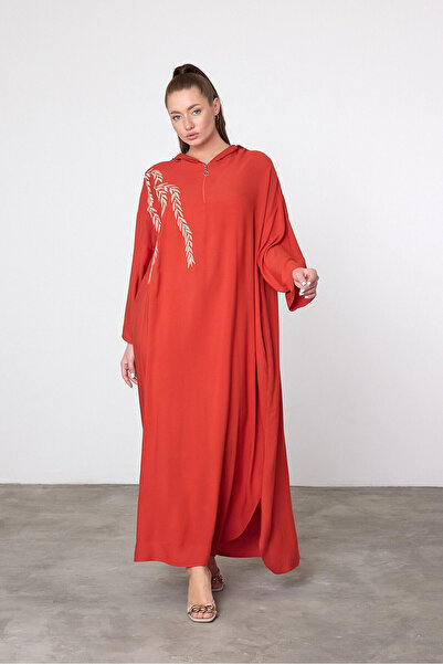 bacc Women's Maxi Length Red Embroidered Knitted Viscon Dress Bcvl-25V037