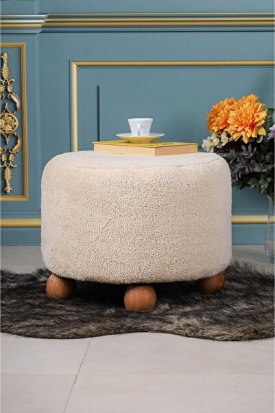 PUFMANYA POLO PELUŞ KREM 45 X 45 CM DOĞAL GÜRGEN TOPUZ AYAKLI ÇOK AMAÇLI PUF KOLTUK