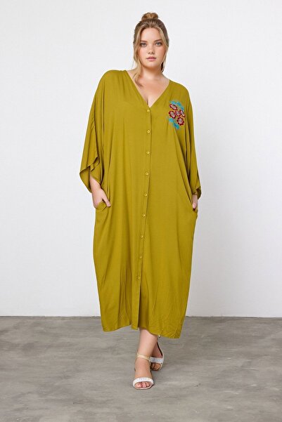 bacc Women's Maxi Length Oil Green Embroidered Woven Viscon Dress Bcvl-25V038