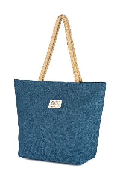 Sofist İstanbul Натуральна джутова пляжна сумка з ручками з натурального плетеного каната, підкладкою та синім кольором індиго