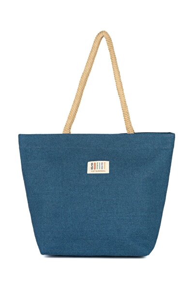 Sofist İstanbul Натуральна джутова пляжна сумка з ручками з натурального плетеного каната, підкладкою та синім кольором індиго
