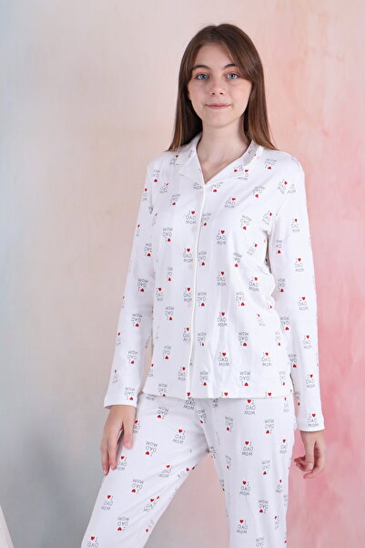 pistyle Set de pijamale pentru fetiță, albă, cu nasturi, cu textul I Love My Dad Mam