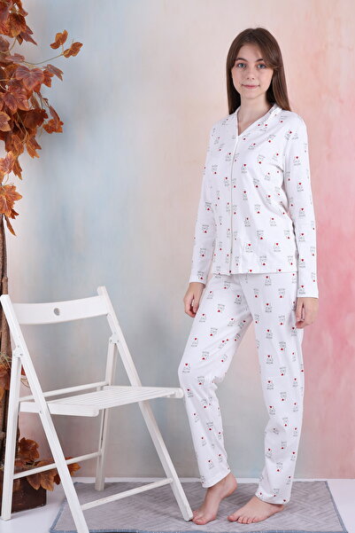 pistyle Girl's White Buttoned I Love My Dad Mam Written Pajama Set