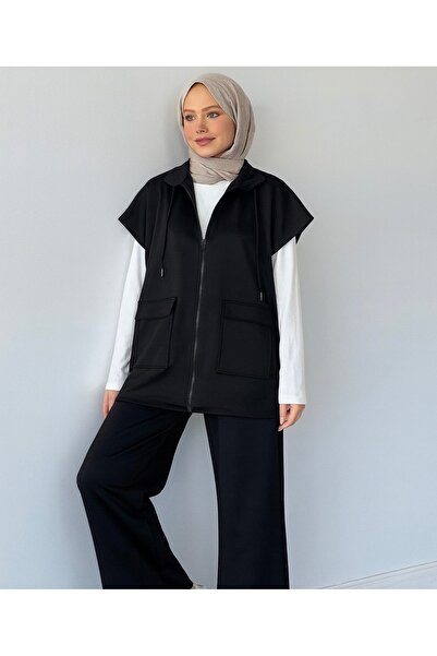 onlymoon Kadın Siyah Yelek Pantolon İkili Takım | %100 Pamuk | Rahat Kesim | Lastikli Bel | 4 Mevsim - Günlük