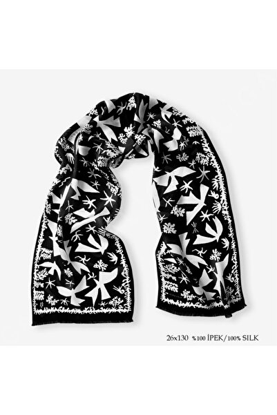 Galiga Sky Black %100 Ipek Fular 26*130cm 'art On Silk'